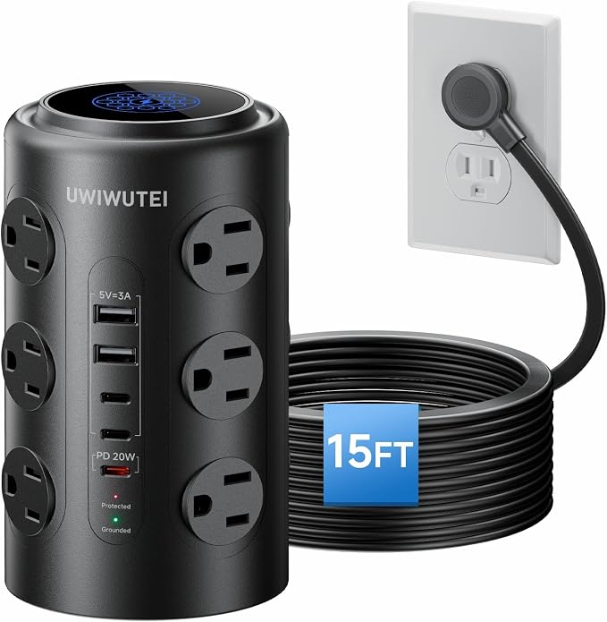 Tower Power Strip with 1 Dedicated PD 20W Fast-Charging Port, 12 Outlets, 5 USB Ports (3 USB-C), Desk Charging Station for Multiple Devices,15FT Extension Cord (Black) by Unknown