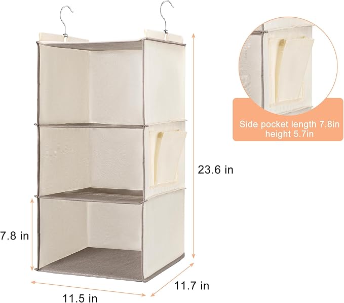 Hanging Closet Organizer and Shelves,3 Shelves with 1 Side Pockets (Beige) | Foldable, Grey Fabric, Modern Style, for Bedroom and Dorm Room - Image 3