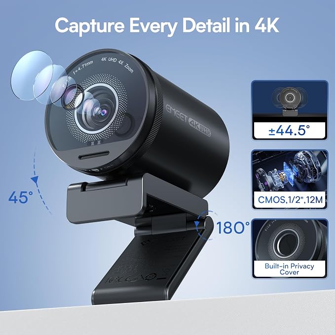 EMEET SmartCam S800 4K Webcam for Streaming, 1/2'' Sensor, Supports HDR | PDAF&TOF Dual-autofocus, 1080P@60fps, 2 Noise-Cancelling Mics, 40°-73° FOV, Perfect for Live Streaming & Online Meetings - Image 7