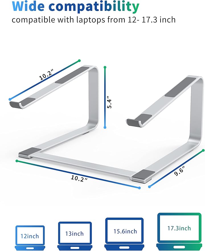 SOUNDANCE Laptop Stand for Desk, Ergonomic Metal Computer Riser for 12-17.3 Inch Laptops, Heavy Duty Stable Desktop Holder, Improves Eye Level & Workspace Organization, Silver - Image 2