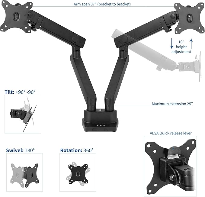 VIVO Premium Aluminum Full Motion Dual Monitor Desk Mount Stand with Lift Engine Arm, Fits Ultrawide Screens up to 35 inches, STAND-V102BB - Image 3