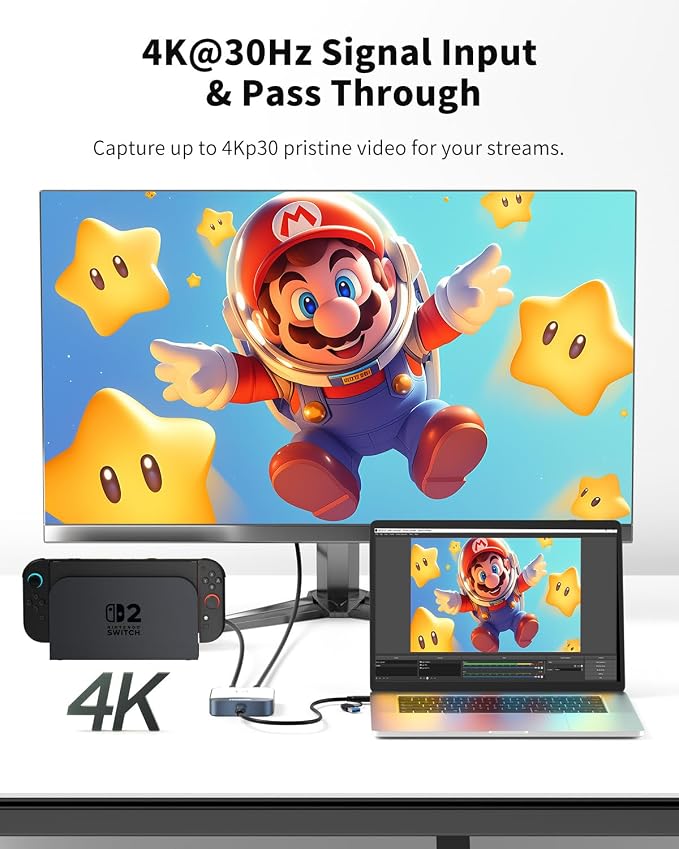 Capture Card for Nintendo Switch, 4K HDMI Capture, USB C 3.0 1080P 60FPS | Audio Video Recorder, low latency, streaming accessories, USB capture card for streaming/gaming, for PS5/Xbox/OBS/Camera/PC - Image 2