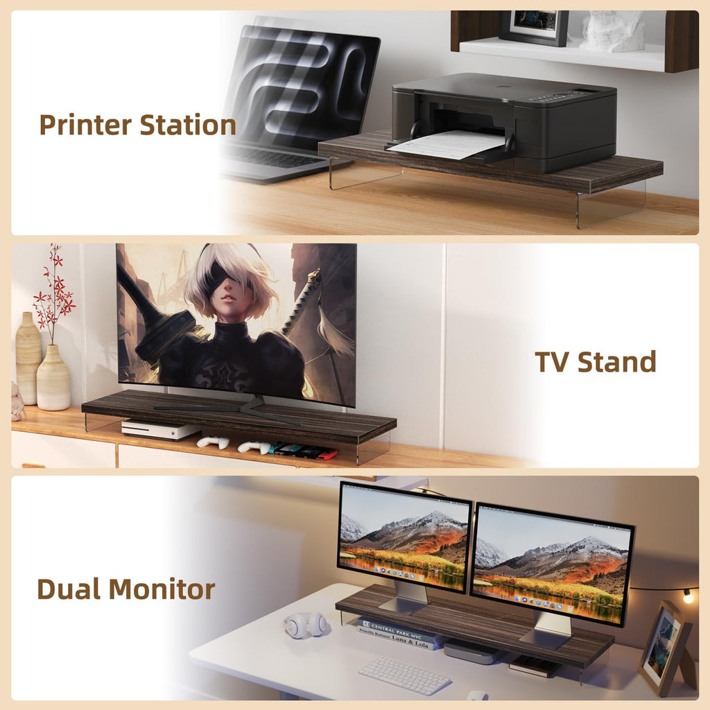 Dual Monitor Stand Riser, 40x10 in Wood & Acrylic Desktop Organizer Shelf - Image 7
