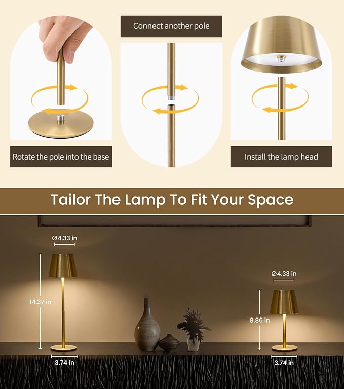 3 Pack Cordless Table Lamp, Portable Battery Operated Lamp with 3 Color Temps and Stepless Dimming, Rechargeable Table Lamp for Dinner, Desk, Cafe, Outdoor (Brushed Gold) - Image 3