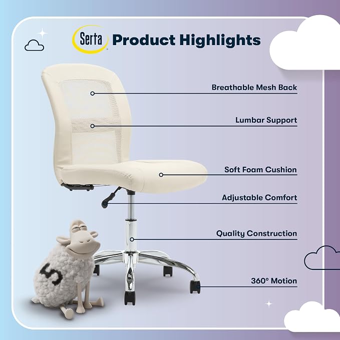 Serta Armless Small Home Desk Chair with Wheel, Ergonomic Mesh Office Chair | Essentials, Leather & Foam Cushioned Seat, Adjustable Height, Bedroom & Small Space Vanity Chair, 360° Swivel, Cream White - Image 4