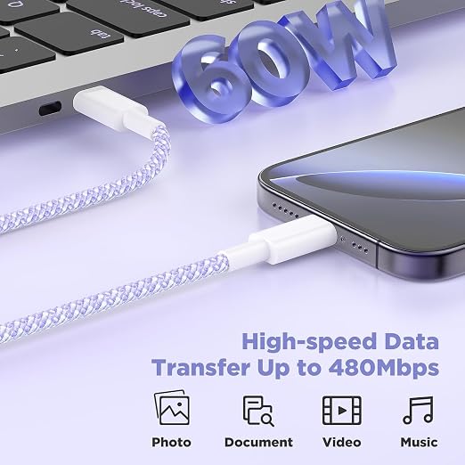 Hzevn 20W USB C Fast Charging for iPhone 17 Air/16/15 Pro Max,3Pack Colorful Mixed Charger Block with Braided Long USB C to C Cables (6/6ft) Compatible with iPhone16/15 Pro/15 Plus/iPad Pro - Image 3