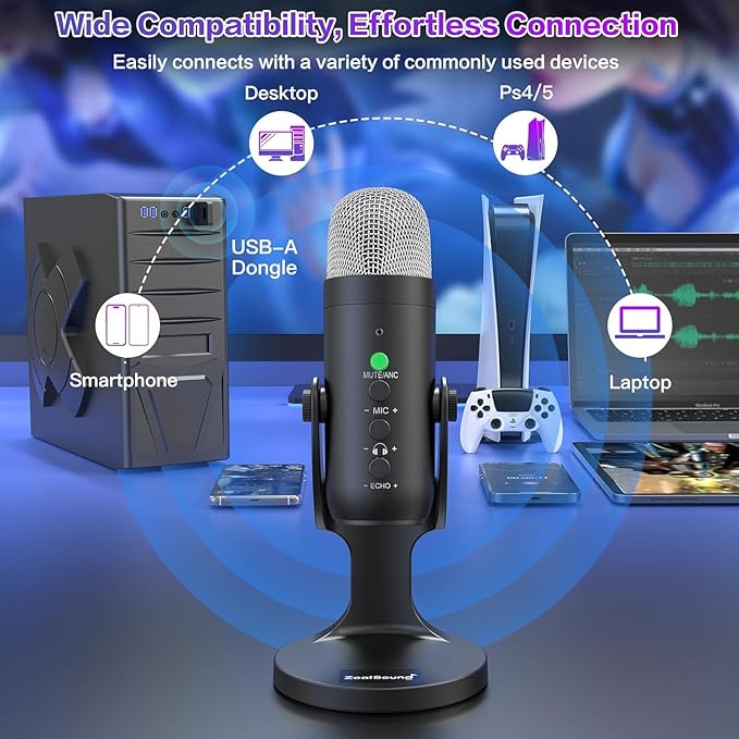 ZealSound Wireless Microphone for PC iPhone iPad & Android, Cordless USB Mic with Noise Cancellation, Mute, Gain, Echo & Zero-Latency Monitoring for Podcasting Streaming Gaming YouTube TikTok Video - Image 2