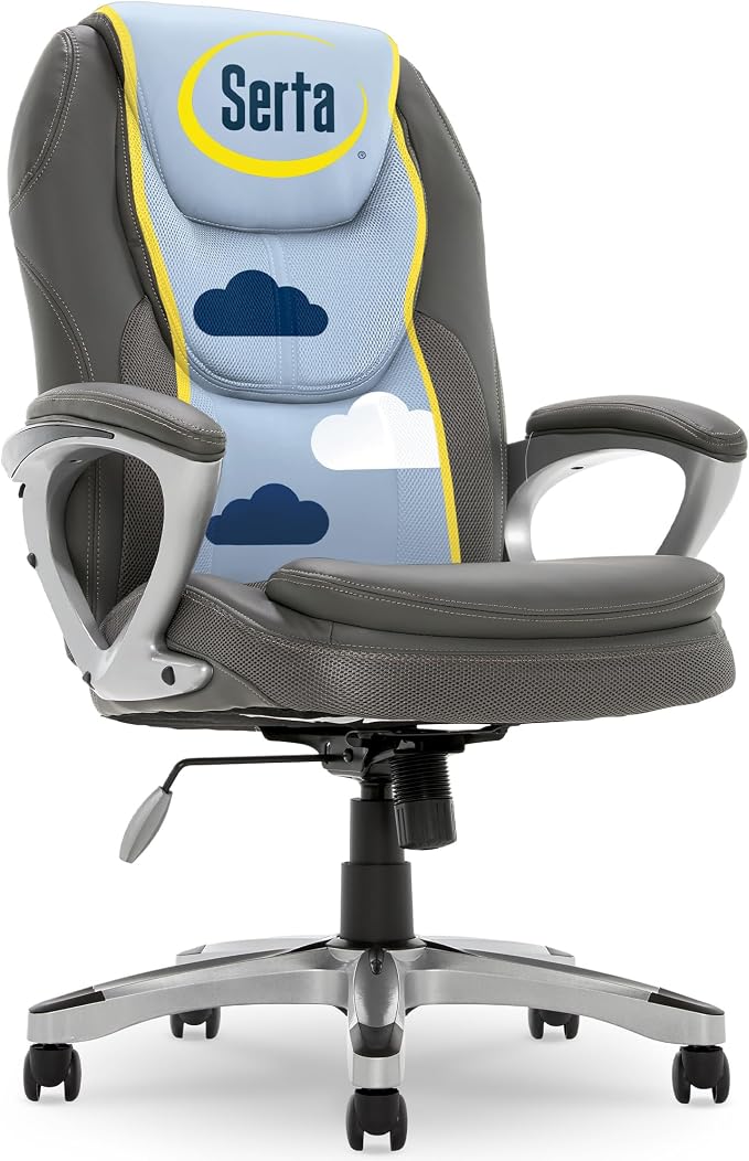 Serta Ergonomic Executive Office Chair, Padded Arms Mesh Back Leather Chair | Amplify, Contoured Lumbar Lower Back Support, Back Pain Relief, Adjustable Height & Tilt, Work From Home Desk Chair, Duo Gray by Serta