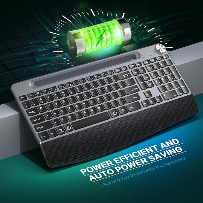 GAMCATZ Ergonomic Wireless Keyboard with Wrist Rest-Low-Profile,Phone/Tablet Holder,Quiet Design，Windows & Mac OS，Full Size Cordless USB Computer Keyboard for Desktop,Laptop, PC, Mac, Windows-Black - Image 4