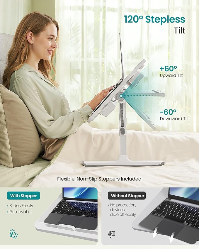 SONGMICS Bed Laptop Desk, Foldable Bed Desk for Laptop, 15.7 x 22 Inches Large Desktop, 120° Stepless Tilt, Adjustable Height, Cup Holder, Tray, Portable Bed Sofa Table, Gray ULLD113GZ01 - Image 4