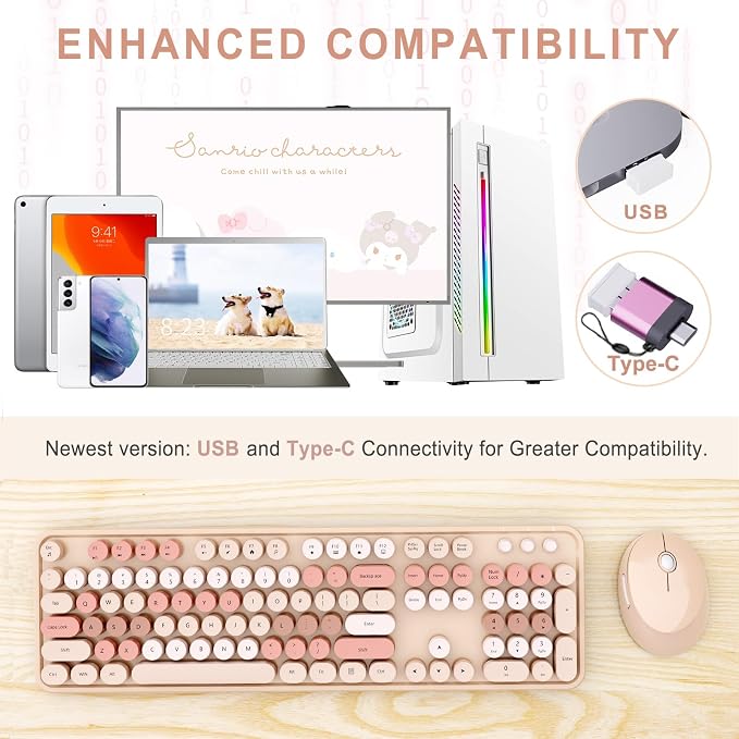 Wireless Keyboard and Mouse Combo, Ergonomic Full Size Typewriter Retro Round Keycaps Keyboard, Compatible with Windows, PC, Perfer for Home and Office Keyboards (Chocolate Color) - Image 2