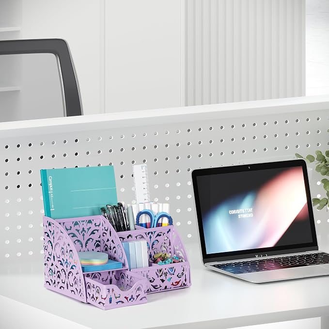 EasyPAG Pen Holder Desk Organizer with Drawer Pencil Cup for Desk 6 Compartments Metal Office Caddy Storage with Sticky Notes Holder for School Home Office, Purple - Image 5
