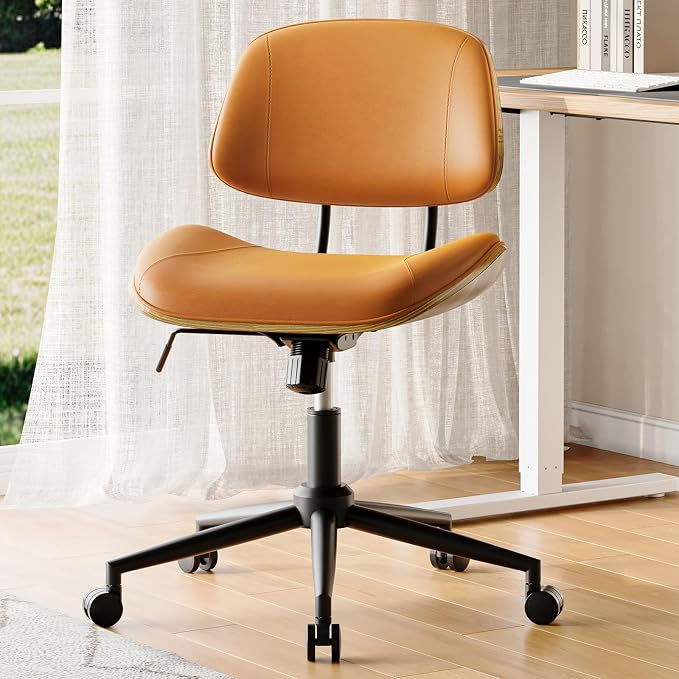 Armless Office Chair Set of 2, Adjustable Height Desk Chair, Brown | 360° Swivel Ergonomic Computer Chair for Small Space, PU leather seat, Modern Walnut Style, Home Office & Meeting Room - Image 7