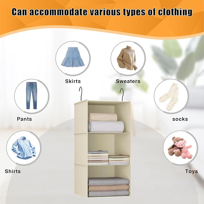 Hanging Closet Organizer 3-Shelf, Oxford Fabric Wardrobe Storage, Beige | Easy-mount foldable design holds clothes, handbags, shoes & accessories; washable Oxford fabric, sturdy and space-saving. - Image 7