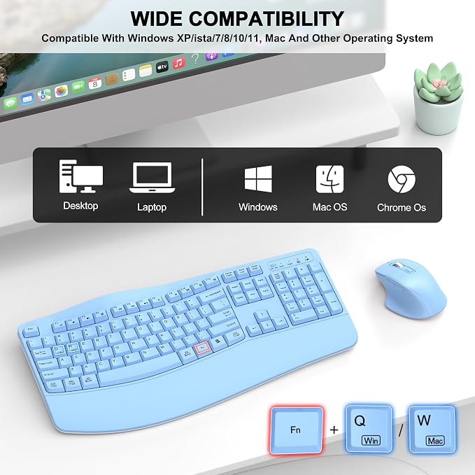 Wireless Keyboard and Mouse Combo, 2.4G Ergonomic Wave Keys(Sky Blue) | Full Size Wave Keyboard with Wrist Rest, 3-Level DPI Adjustable Ergonomic Mouse for Windows and Mac OS Desktop/Laptop/PC - Image 7