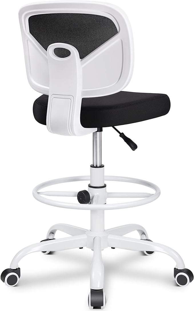 Armless Mid-Back Ergonomic Standing Desk Chair - Mesh Rolling Tall Chair, Adjustable Height and Footring, Art Room, Office or Home (White) by Primy