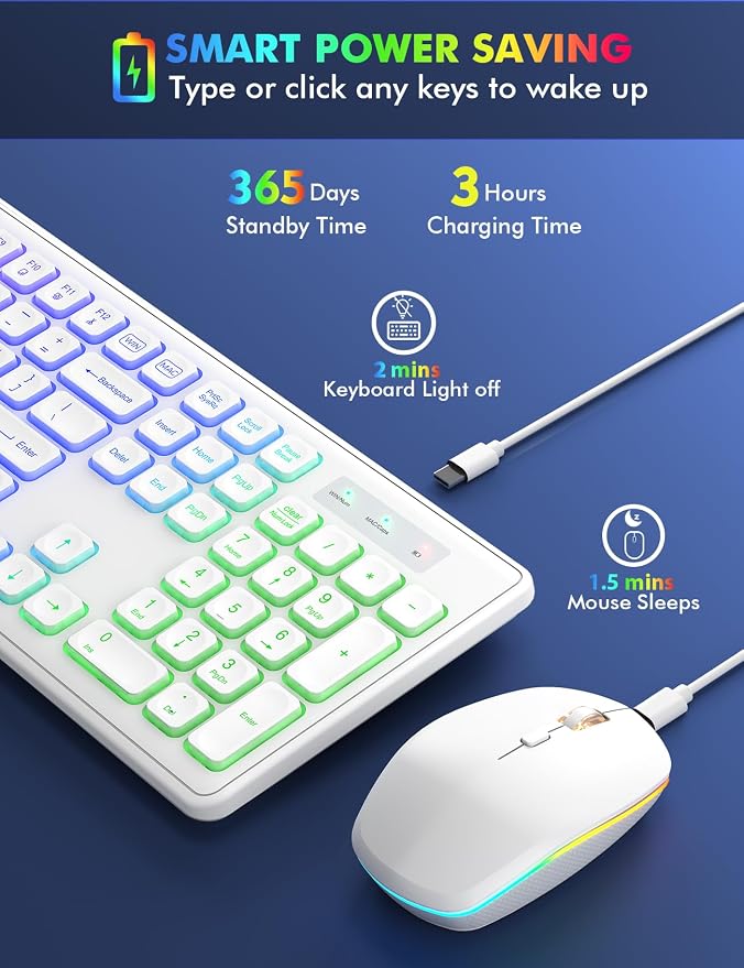 Wireless Keyboard and Mouse Combo with RGB Backlit, Rechargeable | Light Up Letters, Full-Size, Soft Typing, Sleep Mode, 2.4GHz Quiet Keyboard Set for Mac, Windows, Laptop, PC, Trueque KM42Pro - Image 3