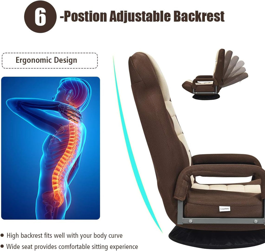 GIANTEX Floor Chair with 360 Degree Swivel Base, Adjustable Backrest, Lumbar Support, Armrest, Foldable Lazy Sofa Rocker for TV, Reading, Playing Video Games, Gaming Chair Floor, Beige/Brown - Image 8