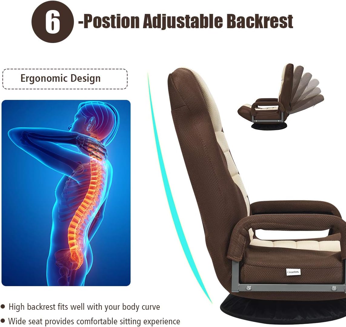 GIANTEX Floor Chair with 360 Degree Swivel Base, Adjustable Backrest, Lumbar Support, Armrest, Foldable Lazy Sofa Rocker for TV, Reading, Playing Video Games, Gaming Chair Floor, Beige/Brown - Image 8