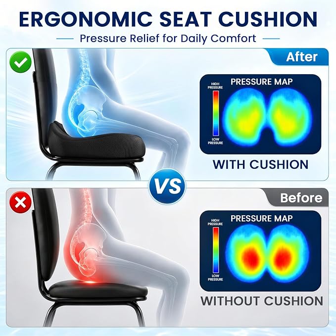 CJACSOC Seat Cushion, Extra Large Memory Foam Cushion for Office Chair Cushions, Ergonomic Cushions Pad Pillow for Pressure Relief Sciatica & Pain Relief for Long Sitting - Image 2