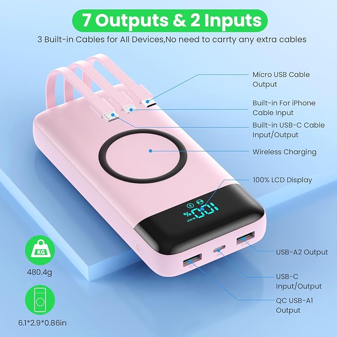 YHO Wireless Portable Charger 40800mAh for iPhone with Built-in Cables, Wireless Charging USB C Power Bank,25W PD Fast Charging Travel Essential Battery Pack for iPhone 17/16/15,Android-Pink - Image 5