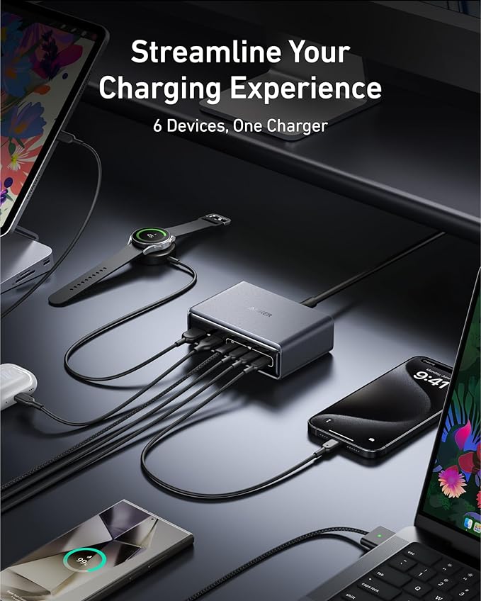 Anker Prime Charging Station, 200W 6-Port GaN Desktop Charger | Fast Charging USB C Charger for Multiple Devices, Compatible with iPhone, Galaxy, MacBook, Dell and More - Image 4