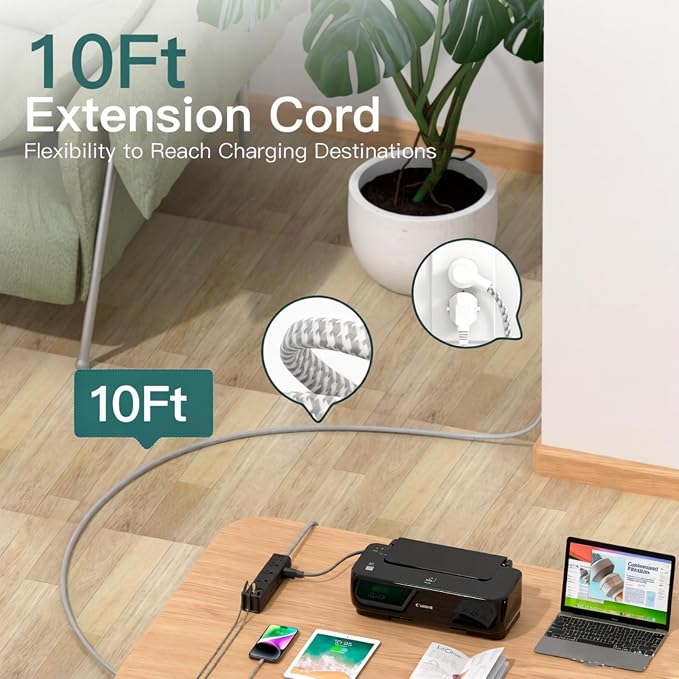 10FT Power Strip Surge Protector, 12 Wide Spaced Outlets 4 USB Ports | Flat Plug Extension Cord, Wall Mount Outlet Extender, 1050J Surge Protection for Desk Office Gaming, ETL Listed, Black - Image 3