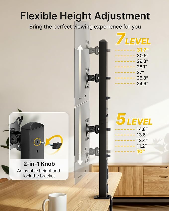 monTEK Powered Stacked Dual Monitor Stand for 17-32", Clamp/Grommet | Vertical dual monitor desk mount, integrated power outlet, adjustable arms and clamp/grommet mounting options - Image 4