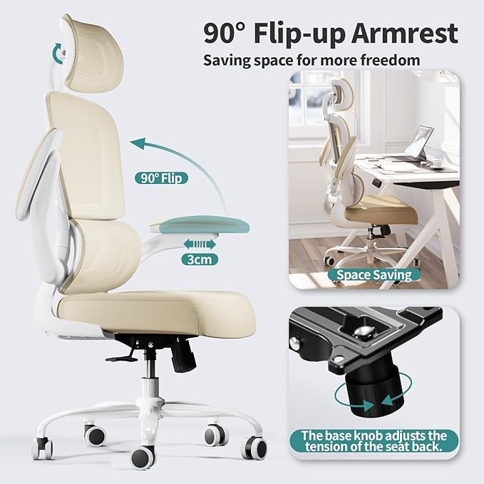 TRALT Office Chair Ergonomic Desk Chair - Gaming Chair with Lumbar Support | 330 LBS Home Office Desk Chairs with Headrest, Reading Chair with Flip-up Armrests, Comfortable Computer Chairs (1, Beige) - Image 5