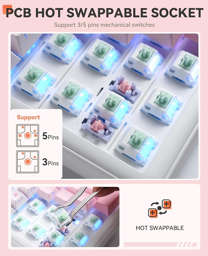DAREU EK98pro Sakura Pink Wireless Mechanical Keyboard,Tri-Mode BT/2.4GHz/USB-C Creamy Gaming Keyboard with Number Pad,Gasket Structure,Hot Swappable Custom,RGB Backlit for Win/Mac - Image 7
