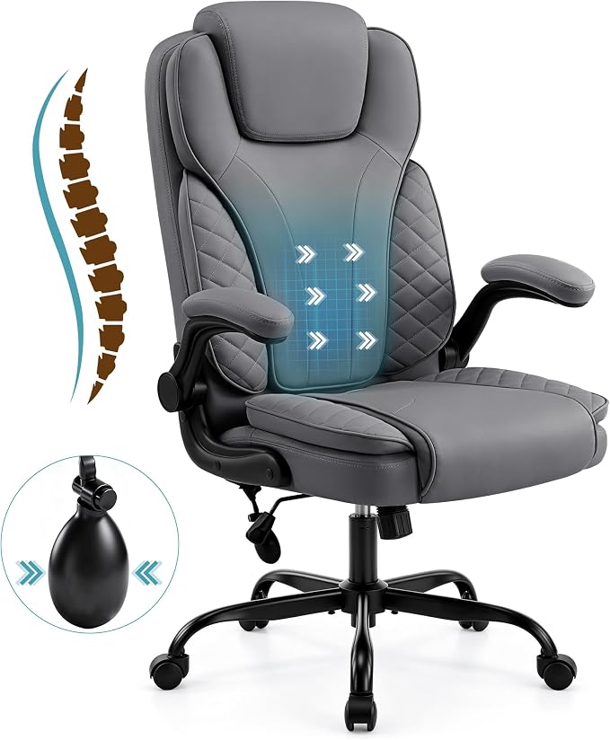 Ergonomic Office Chair, PU Leather High Back Executive Chair with Adjustable Inflatable Lumbar Support and Padded Flip-Up Arms, Recline Swivel Task Computer Chair for Home Office, Gray - Image 4