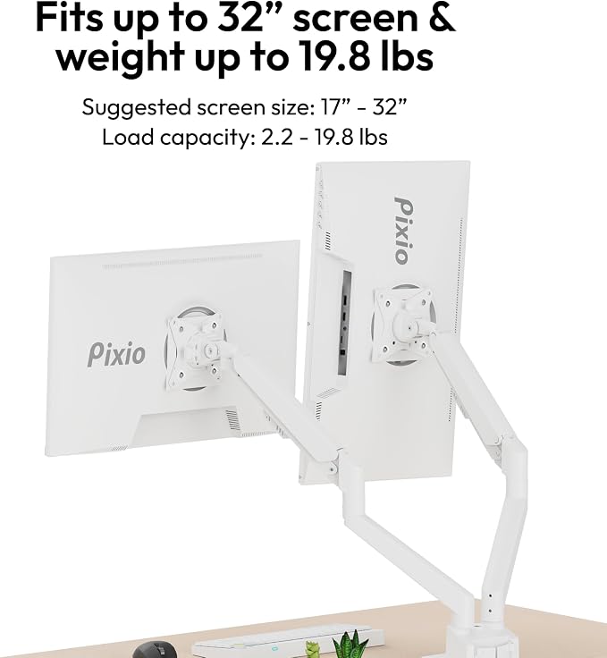 Pixio PS1D Wave White Dual Monitor Arm Stand Desk Mount - Fits up to 32 inches Monitors and up to 19.8lbs. VESA Compatibility and Integrated Cable Management - Image 2