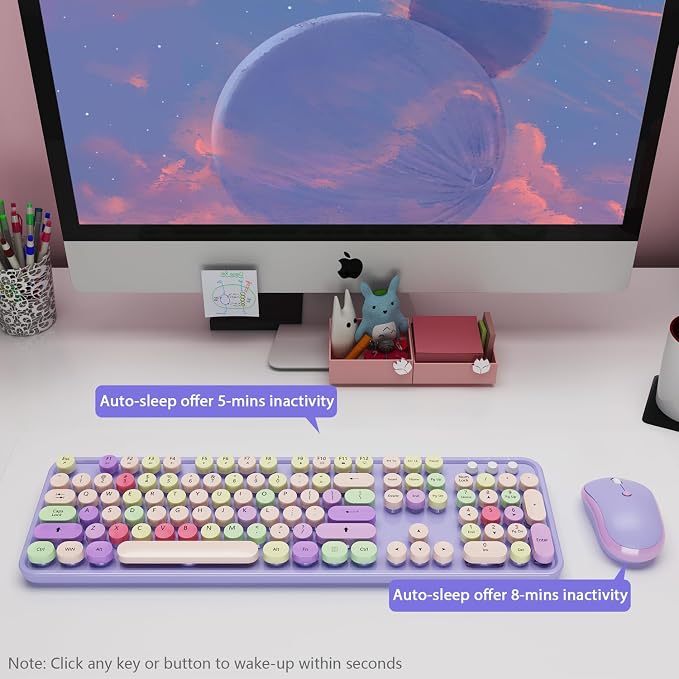 Wireless Computer Keyboard and Mouse Combo,Colorful Purple | Ergonomic Full Size Typewriter Retro Round Keycaps Keyboard, Compatible with Windows, PC, Perfer for Home and Office - Image 4