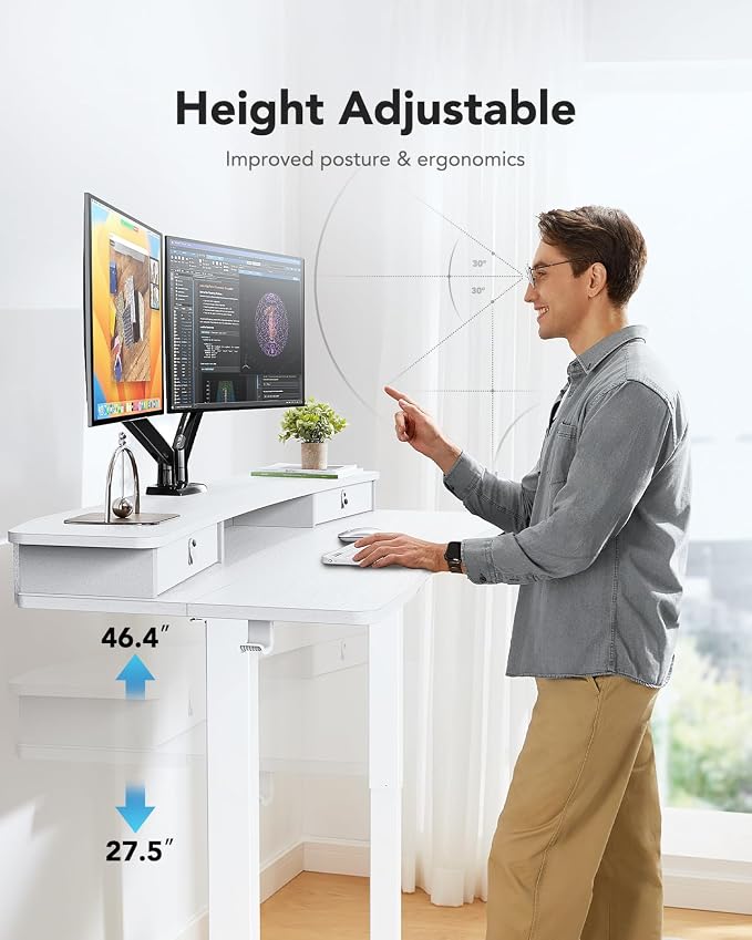 HUANUO 60″ x 30″ Electric Standing Desk with 2 Drawers, C-Clamp Mount Compatible, Height Adjustable Computer Desk, Home Office Stand Up Desk with 4 Preset Heights & 2 Hooks, White - Image 6
