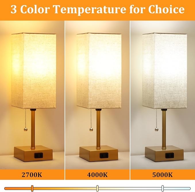 Table Lamp for Bedroom set of 2,3-Color Bedside Lamps with Pull Chain Gold | Table Lamps for Nightstand with AC Outlets,Small Night Light Lamps with 2 Bulbs Lamps for Living Room Kids Room Office Decor - Image 2