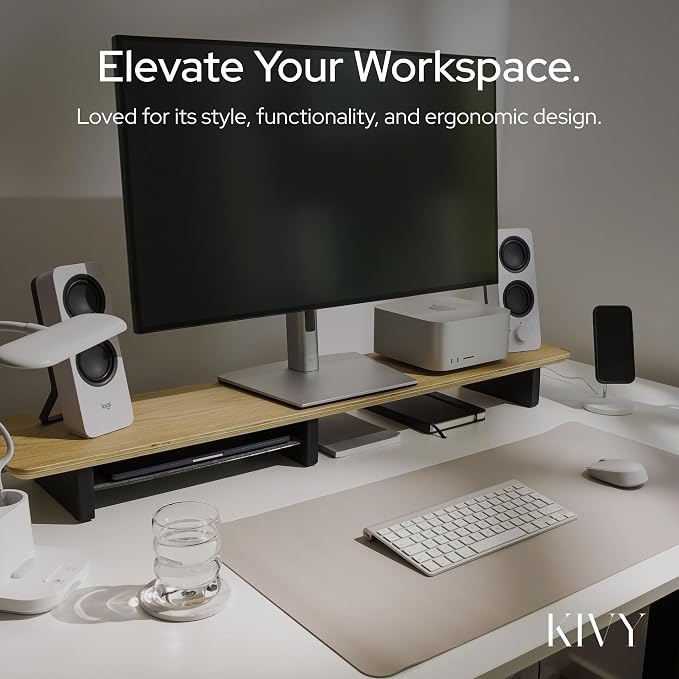 KIVY Dual Monitor Riser With Integrated Metal Shelf [MADE BY HAND] - Wooden Desk Shelf for 2 Monitors - Wide Long Stand for Desk (44 x10x3in - Black) - Image 7