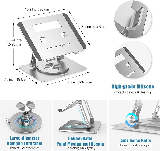 Laptop Stand for Desk, Adjustable Height & Angle Portable Aluminum Laptop Riser & Monitor Stand with 360° Swivel, Foldable Ergonomic Computer Stand for 10-17 Inch Laptops (MacBook/Dell/HP), Silver. - Image 6