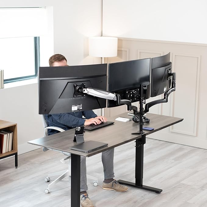 VIVO Triple Pneumatic Monitor Mount for 3 Screens up to 32 inches, Fully Adjustable, Heavy Duty Desk Stand with C-Clamp Grommet, Black, STAND-V300G - Image 2