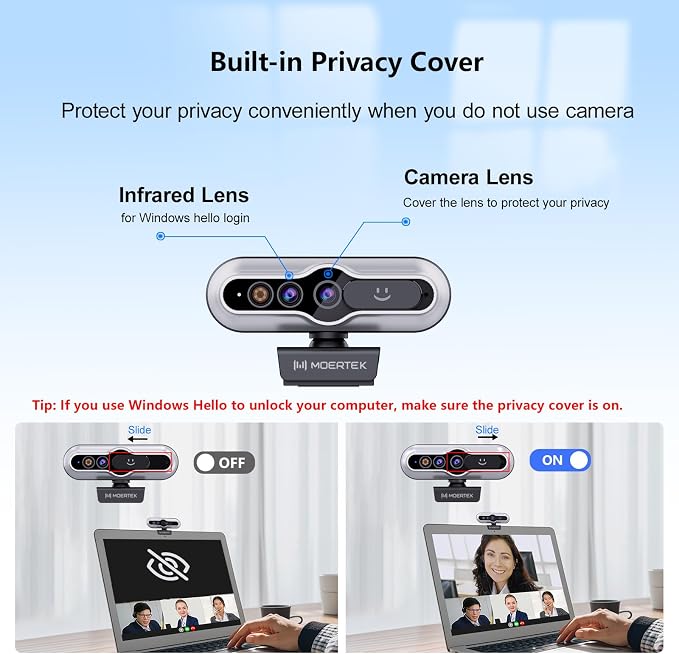 2K HD Webcam with Infrared Windows Hello Facial Recognition, Computer Camera, Privacy Cover, Noise Canceling Microphones, Laptop Webcam For Video Conferencing, Live, Streaming, Online Learning - Image 6