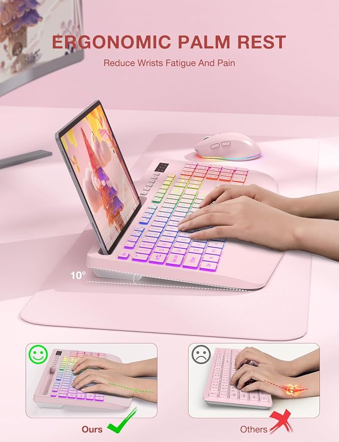 Wireless Keyboard and Mouse Combo, 9 Backlit Effects, RGB, 2.4GHz | Ergonomic Wrist Rest, Phone Holder, Rechargeable, Full Size, KM22 MAX Silent Set for Computer, Laptop, Mac, Windows (Pink) - Image 3