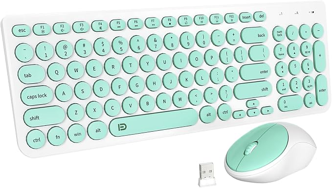 Wireless Keyboard and Mouse Combo - 2.4GHz USB Cordless, Cute Round Keys, Quiet and Slim Set for Laptop, Computer, TV, and Mac - Mint Green & White by FD