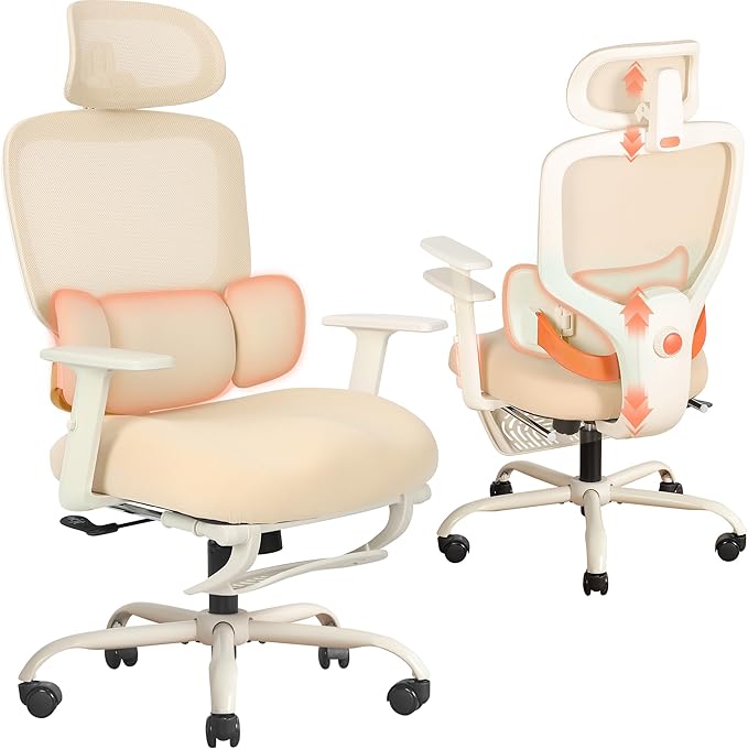 Ergonomic Office Chair with Footrest, Mesh Desk Chair with Adjustable Headrest & Armrests & Dynamic Floating Wing Lumbar Support, High Back Computer Chair for Home Office, BIFMA Certified, Beige by HomePage