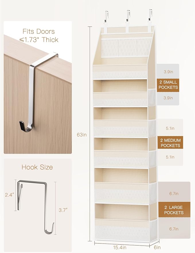 Criusia Over the Door Organizer, 6-Shelf Closet Hanging Storage with 13 Mesh Pockets, 55lbs Capacity Behind the Door Storage for Baby Nursery, Bathroom, Bedroom, and Dorm, Beige - Image 2