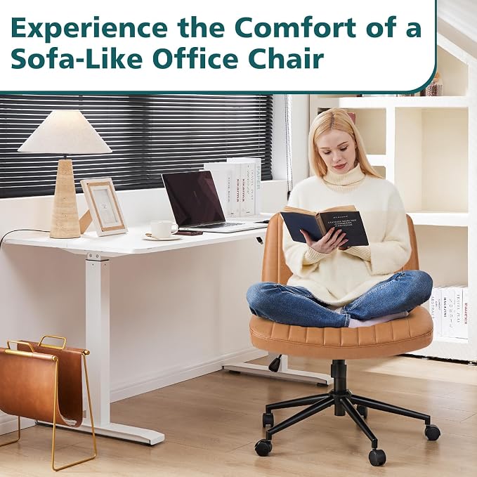 OLIXIS Criss Cross Chair with Wheels, Vanity Chair, Home Office Desk | Wide Seat Armless, Faux Leather, Height Adjustable Swivel Rolling, Home Computer Task Seating for Bedroom Study, Brown PU - Image 3