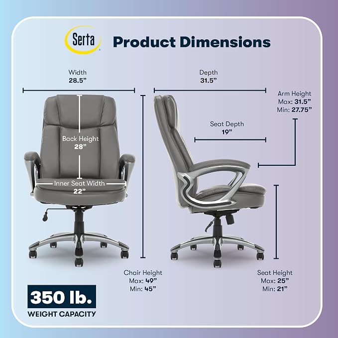 Serta Ergonomic Big and Tall Executive Office Chair Lumbar Support, Leather | Fairbanks, Gaming Chair with Headrest, 350lb Capacity, Padded Arms, Semi-Plush Seat Cushion, Adjustable Height and Tilt, Gray - Image 3