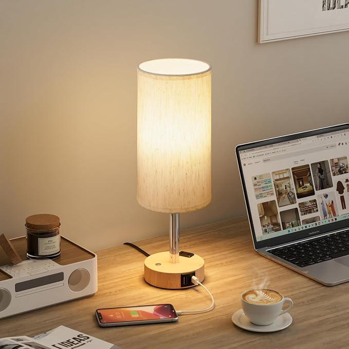 Touch Bedside Table Lamp for Bedroom, Stepless Dimmable, USB A+C, AC Outlet | Base Touch Button Only, Memory Brightness, Ultra-dim Night Light, Included Bulb for Optimal Dimming, Wood Grain Base, Nursery - Image 7