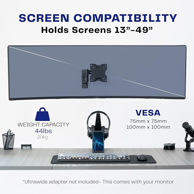 VIVO Full Motion Ultrawide Monitor Wall Mount, Fits Ultra-Wide Screens up to 49 inches and 44 lbs, Tilt and Swivel Arm, Black, MOUNT-VW01M - Image 4