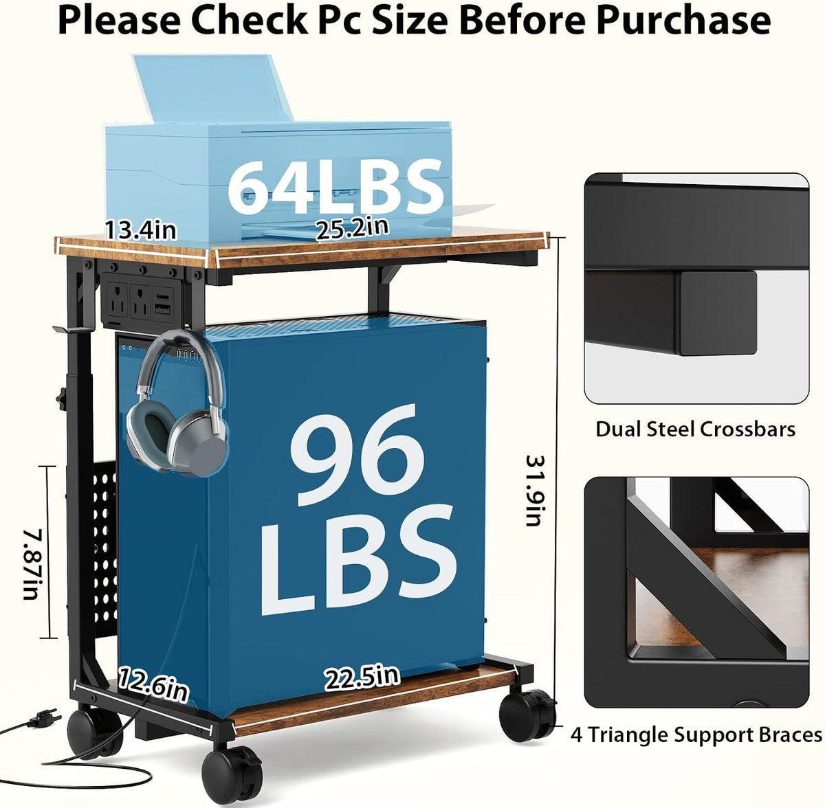 Adjustable Computer Tower Stand with Charging Station & Pegboard,Brown - Image 3