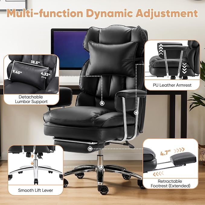 Sweetcrispy Executive Home Office Chair, Ergonomic Desk Chair | Big Tall High Back, Lumbar Support, Reclining Height Adjustable, PU Leather, Computer Gaming, Footrest Swivel Wheels, Black - Image 6