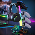Gaming Headphones Stand with Charging Station, RGB Headset Stand with 10 Light Modes, 4 Controller Holder with 1 USB & 2 Type-C Charging Ports - Earphone Hook for PC Desktop Gamer Accessories Storage by Luckit